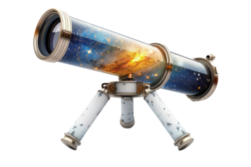 Vintage telescope with galaxy design, isolated on white background, ideal for space exploration themes and educational purposes.