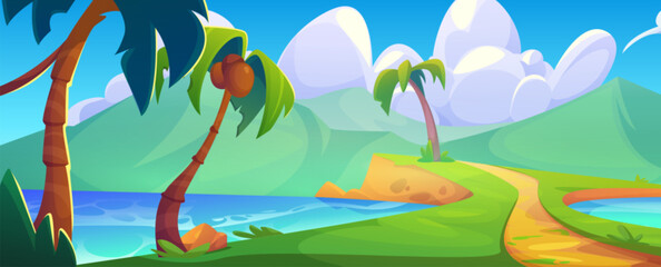 Sea beach on island with tropical palm landscape. Ocean summer scene and lagoon shore holiday adventure paradise. Jungle coastline horizon view at sunny day. Empty vacation coast and seascape design © klyaksun