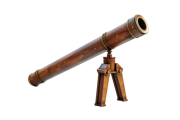 Vintage wooden telescope with brass finishes on a sturdy tripod stand, isolated on white background, perfect for exploration and astronomy themes.