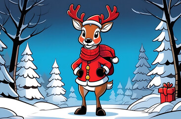 Cartoon illustration, cute deer in Santa Claus costume and hat stands in winter forest among trees and snow, Christmas or New Year banner, poster with an image of an animal, design for greeting card