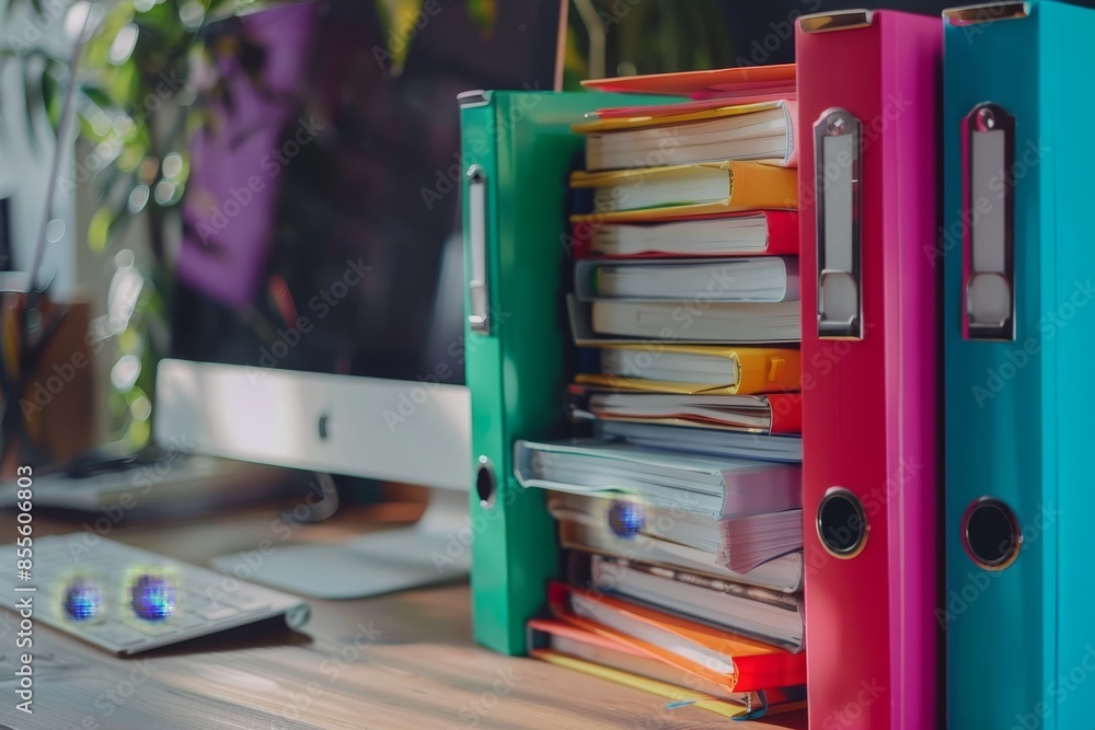 Poster colorful binders stacked neatly next to a computer monitor on a desk, a stack of colorful folders an