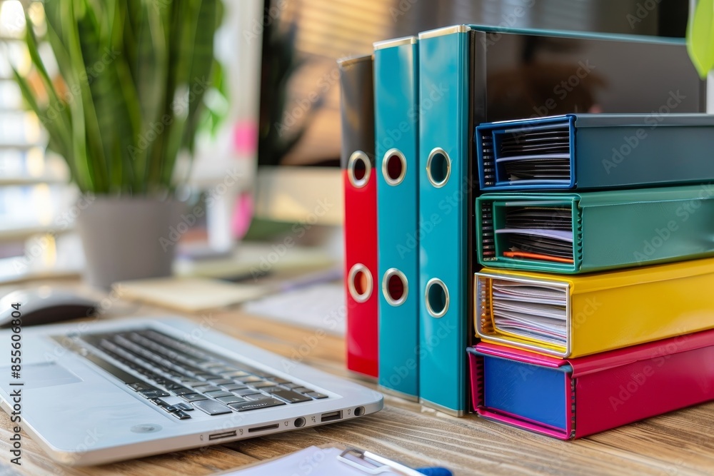 Poster a laptop computer is placed on top of a wooden desk, with a stack of colorful folders and binders ne