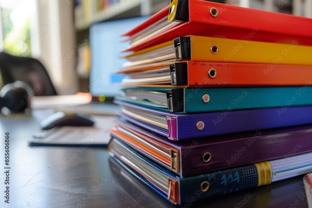 Poster colorful stack of binders and folders neatly arranged on a desk surface, a stack of colorful folders