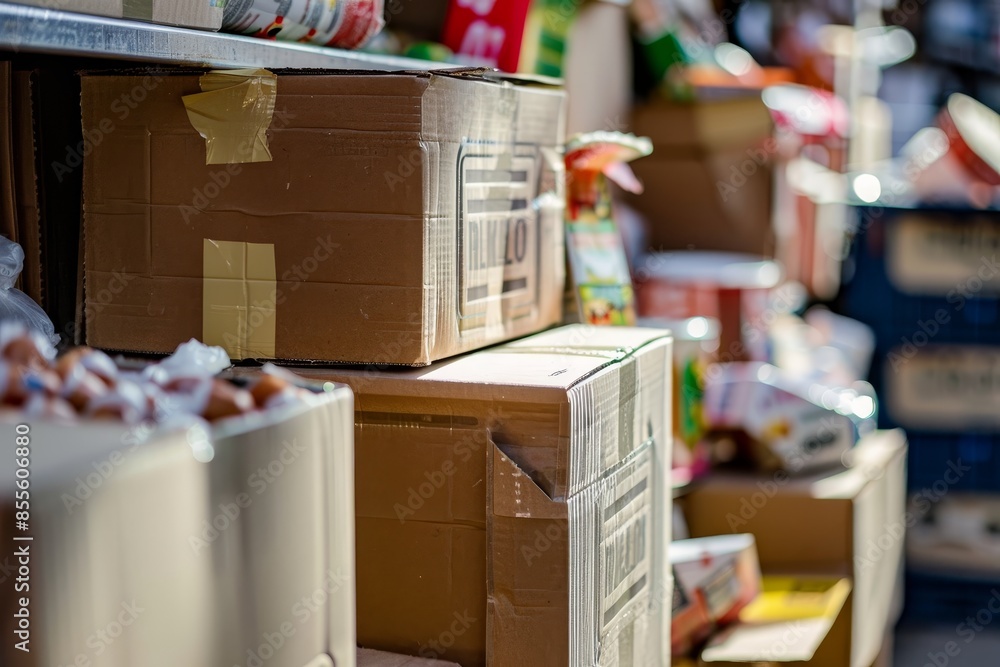 Poster multiple empty boxes neatly stacked on top of each other, awaiting to be filled with products, a sta