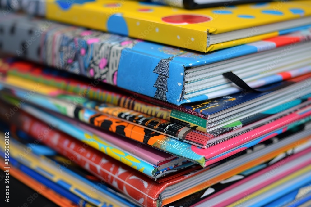 Poster colorful stack of textbooks sitting on a wooden table, a stack of colorful textbooks with various su