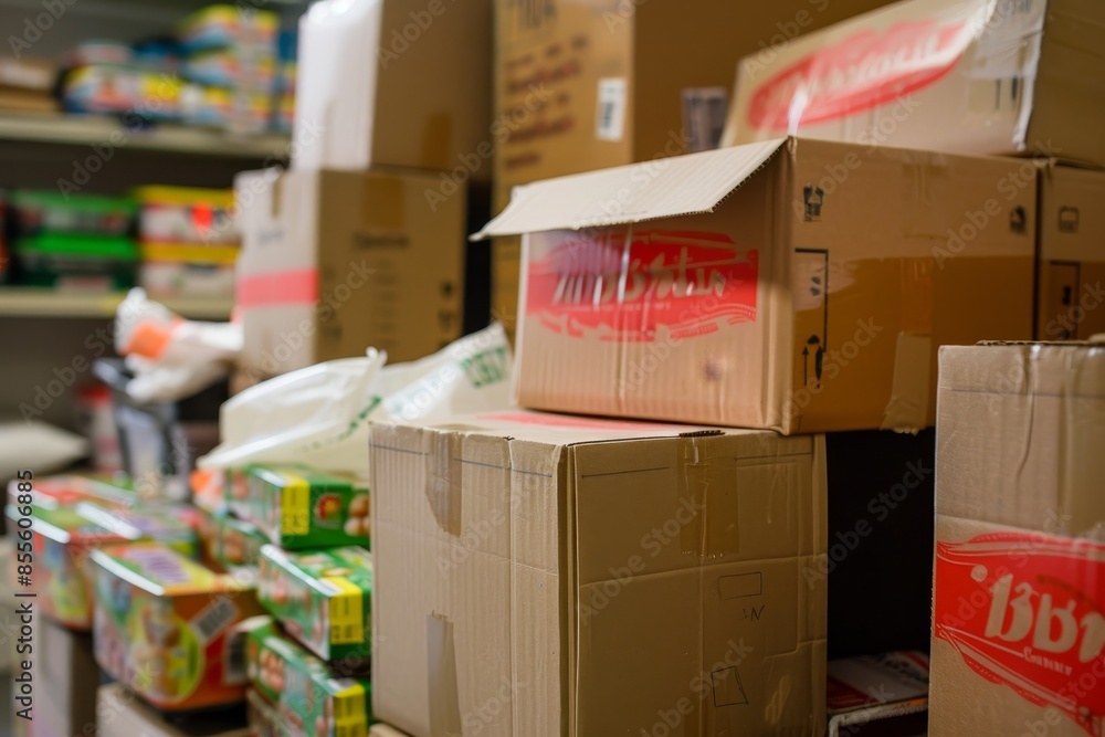 Poster boxes filled with food items stacked on top of each other, ready for distribution or storage, a stac