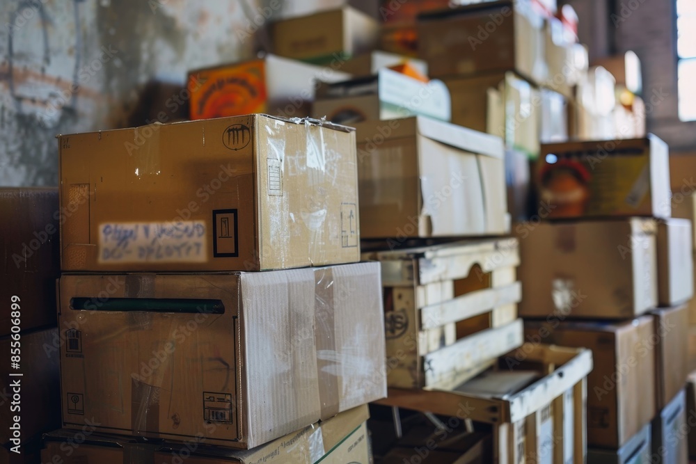 Poster empty boxes stacked on top of each other in a warehouse, waiting to be filled, a stack of empty boxe