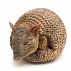 A cute armadillo curled into a protective ball, isolated on a white background