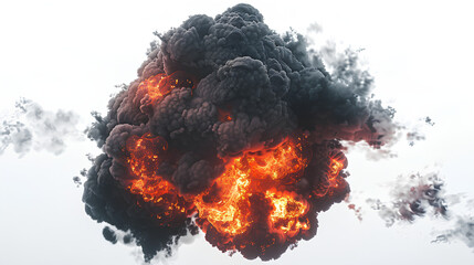 Large fireball with black smoke. fiery explosion with smoke isolated on white background