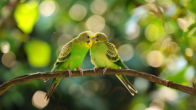 Pair of green and yellow parakeets 
