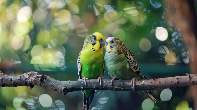 Pair of green and yellow parakeets 
