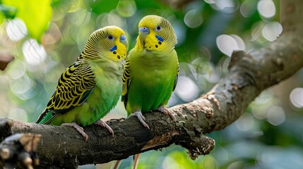 Pair of green and yellow parakeets 