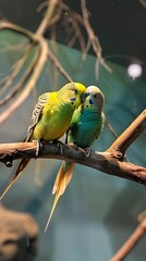 Obraz premium Pair of green and yellow parakeets 