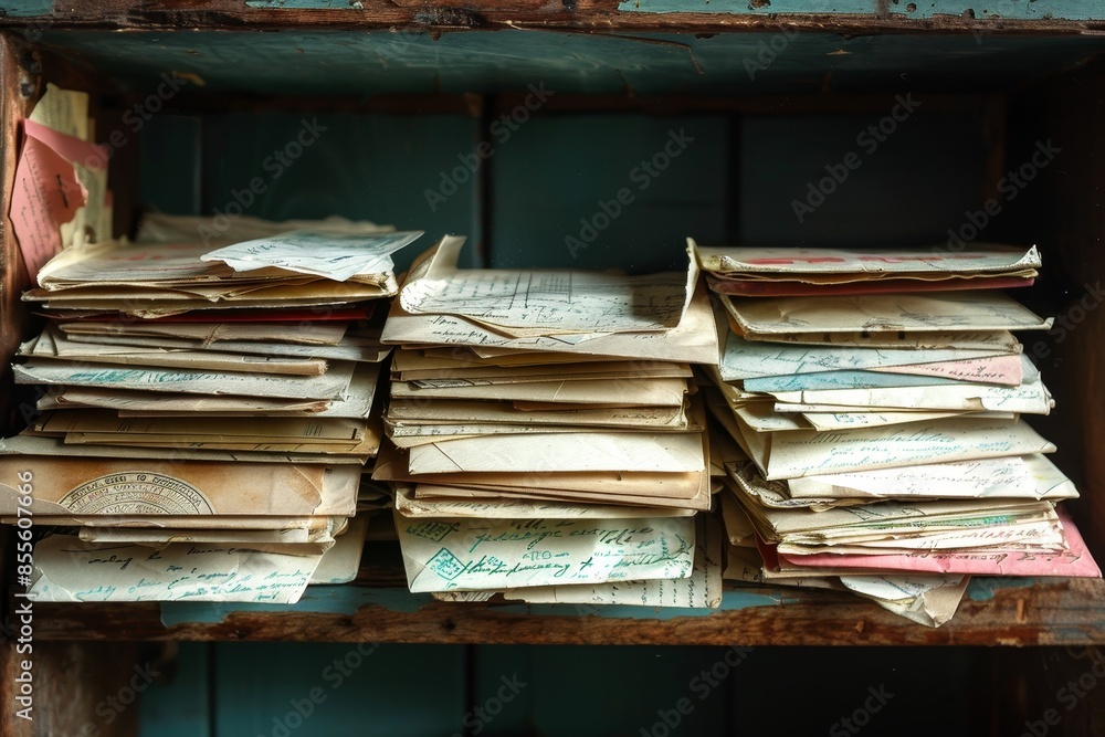 Poster several papers arranged in a pile on top of each other, sitting on a dusty shelf, a stack of unread 