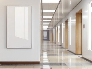 Fototapeta premium Modern office lobby interior white blank mockup image of blank board white poster in big empty hall room 