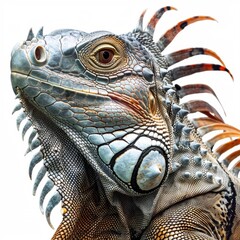 Fototapeta premium A close-up of an iguana isolated on a white background, showcasing its spiny back and textured skin