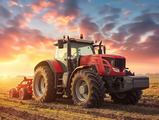 Fototapeta premium Red tractor parked in eco vegetable field during sunrise. organic agriculture and farming concept. 