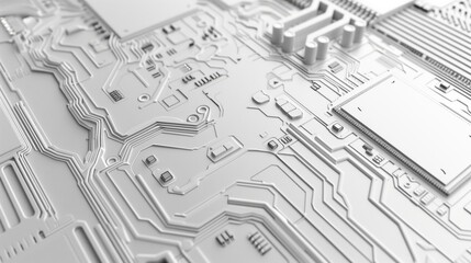 Electronic circuit board detailed close-up, white silver computer motherboard. AI ML technology hardware concept background banner