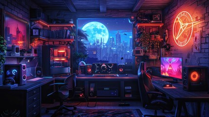 Neon-Lit Gaming Room with Cityscape View