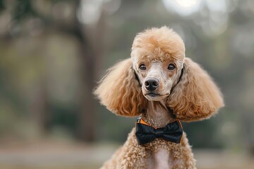 Standard poodle with stylish bow tie standing in a park setting, A standard poodle with a stylish haircut and bowtie