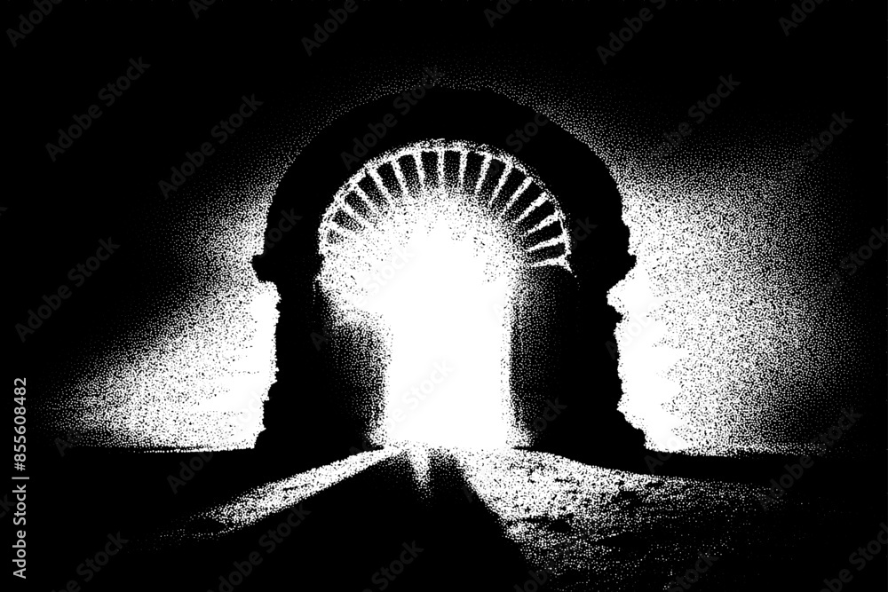 Aufkleber Ancient ruins in sci-fi scene with dotwork retro style. Mysterious gate debris with dramatic lights and retro texture