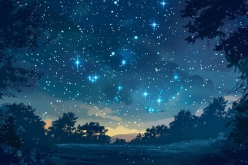 A view of a dark night sky with numerous stars shining brightly above a forest of tall trees, A starry night sky dotted with twinkling constellations