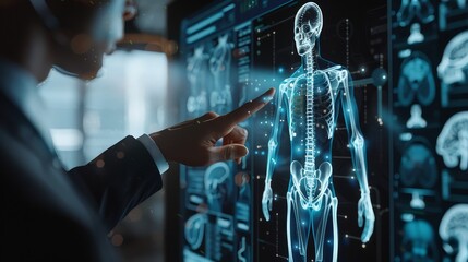 Businessman using digital x-ray human body scan 