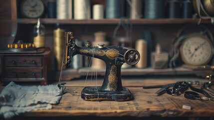 Outdated sewing tools on wooden background. 