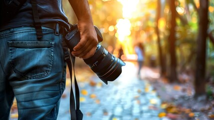 Fototapeta premium Photographer holding camera outdoors. 