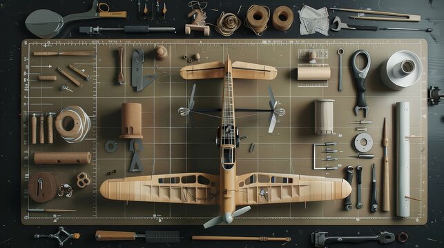 Overhead view of tools and materials for building scale model aeroplane from kit on cutting board. 