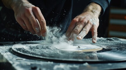 Fototapeta premium Young audiophile cleaning dust form vinyl record. 