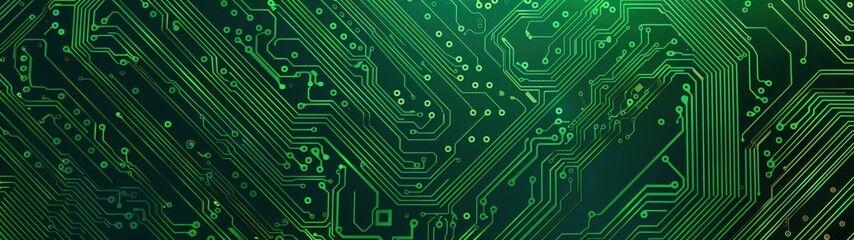 Obraz premium Electronic circuit board detailed close-up, green gold computer motherboard. AI ML technology hardware minimalist concept background banner