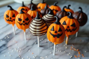 Candies on sticks in the shape of pumpkins of different varieties and mint leaves for Halloween. Creepy and funny Thanksgiving decor. Lollipops for harvest day. Sweet dessert on a stick.