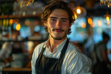 Fototapeta premium Portrait of a Café Bartender in Warm Evening Light