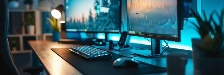 A closeup shot of a modern desk setup featuring two monitors and a keyboard, illuminated by soft...