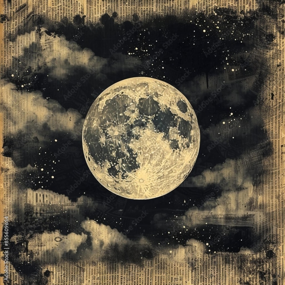 Wall mural vintage newspaper celestial moon background