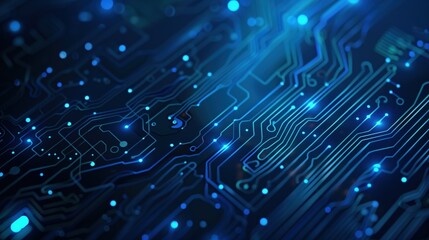 Electronic circuit board detailed close-up, blue computer motherboard. AI ML technology hardware minimalist concept background banner