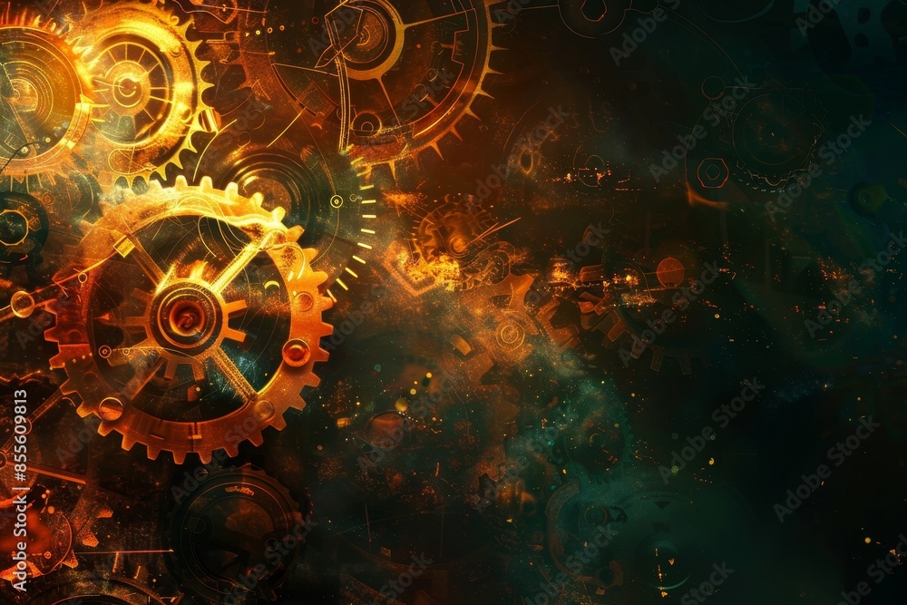 Poster detailed close-up view of a clock featuring intricate gears and cogs, showcasing steampunk-inspired 