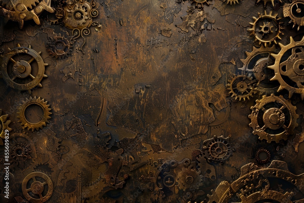 Poster detailed shot of a metal surface covered in various interlocking gears and cogs, a steampunk-inspire