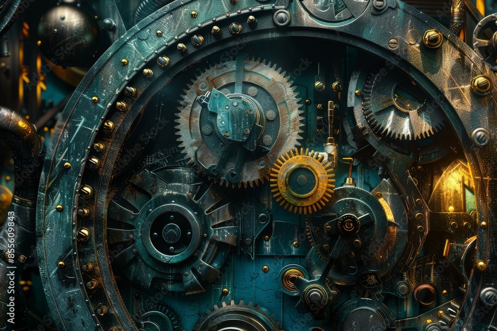 Poster detailed close up of a clock featuring numerous gears and cogs in a steampunk-inspired background, a