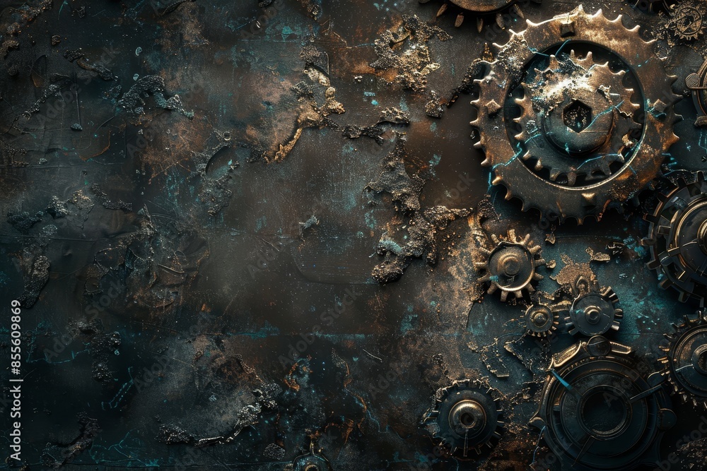 Poster detailed view of a metal surface covered in interconnected gears and cogs, a steampunk-inspired back