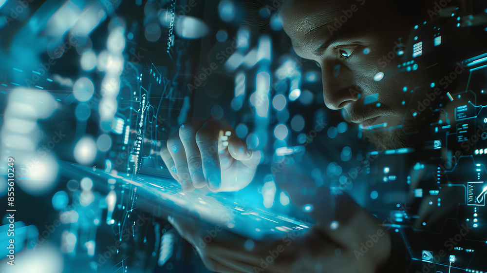 Poster man with futuristic digital tablet on a project