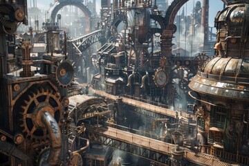 A futuristic city filled with towering skyscrapers and advanced architecture, showcasing a steampunk-inspired metropolis, A steampunk-inspired metropolis with gears and pipes everywhere