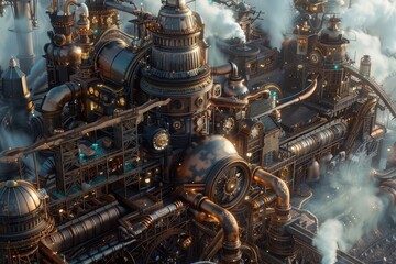 Fototapeta premium A metropolis filled with industrial buildings, surrounded by billowing smoke and steam, A steampunk-inspired metropolis with gears and pipes everywhere