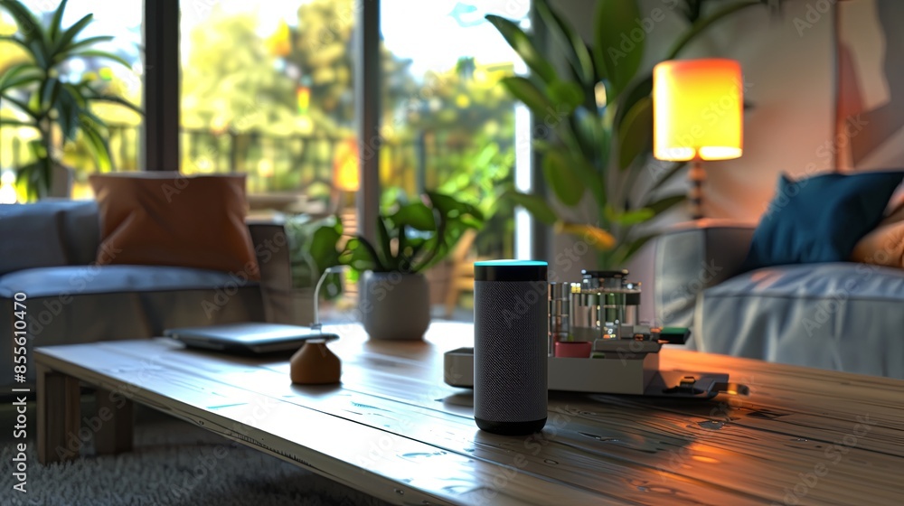 Leinwandbilder a stylish voice assistant device rests on a coffee table in a modern living room, ready to interact 