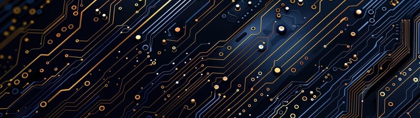 Electronic circuit board detailed close-up, dark blue gold computer motherboard. AI ML technology hardware minimalist concept background banner
