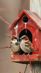 Two courting sparrows in front of the red birdhouse