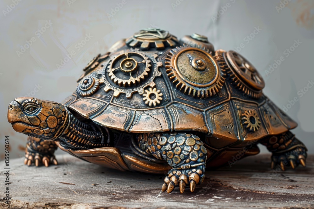 Poster a turtle statue with gears and cogs design is placed on a wooden table, a steampunk-inspired turtle 