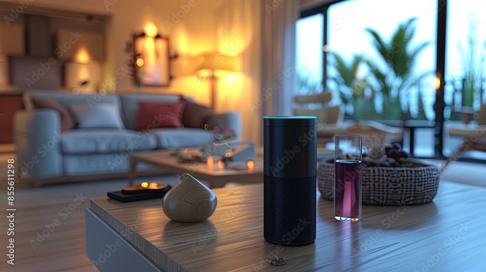 Leinwandbilder a sleek voice assistant device sits on a coffee table in a stylish living room, ready to respond to 