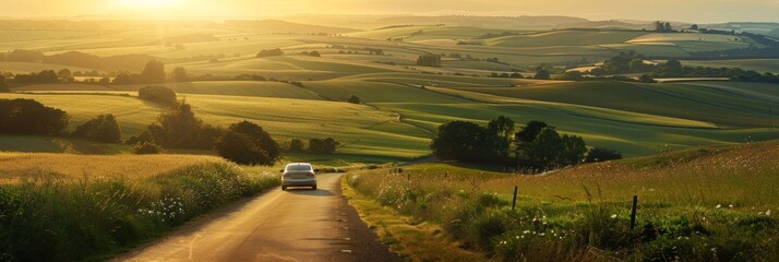 A single car drives down a long, winding rural road as the sun sets, casting a warm, golden light over rolling green hills and fields - Powered by Adobe